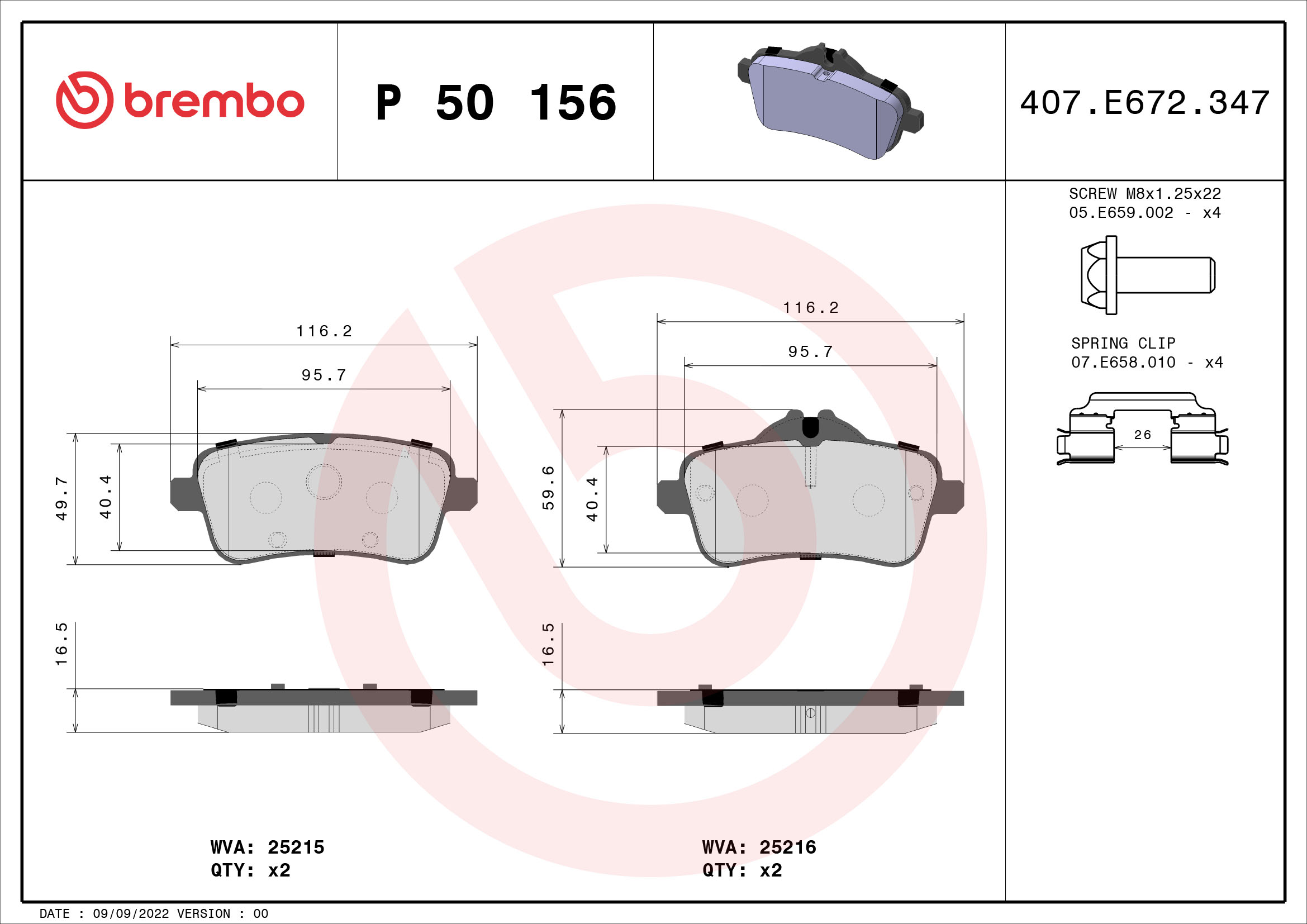 A.B.S. P 50 156 BREMBO Bremsbelagsatz, Scheibenbremse